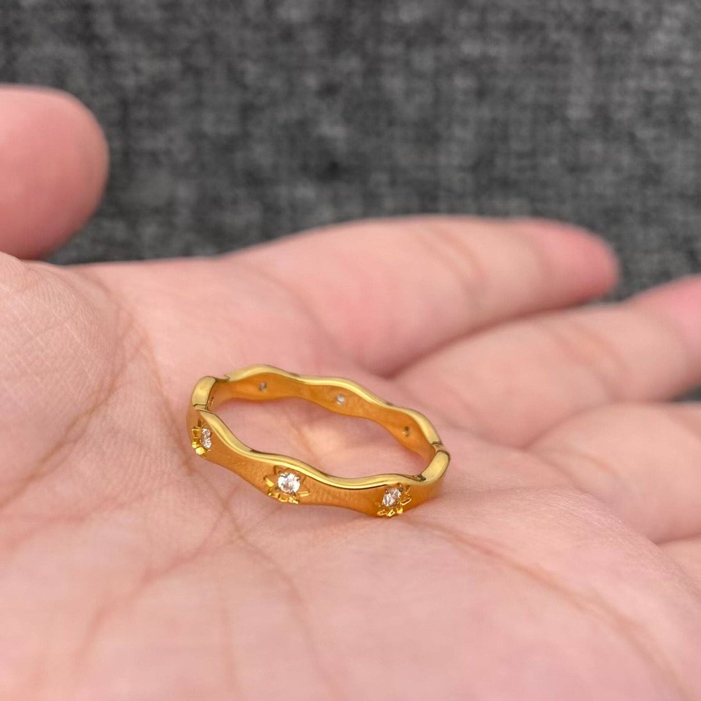 Inlaid Cz Stars Wave Design 18K Gold Plated S.Steel Ring-FGS