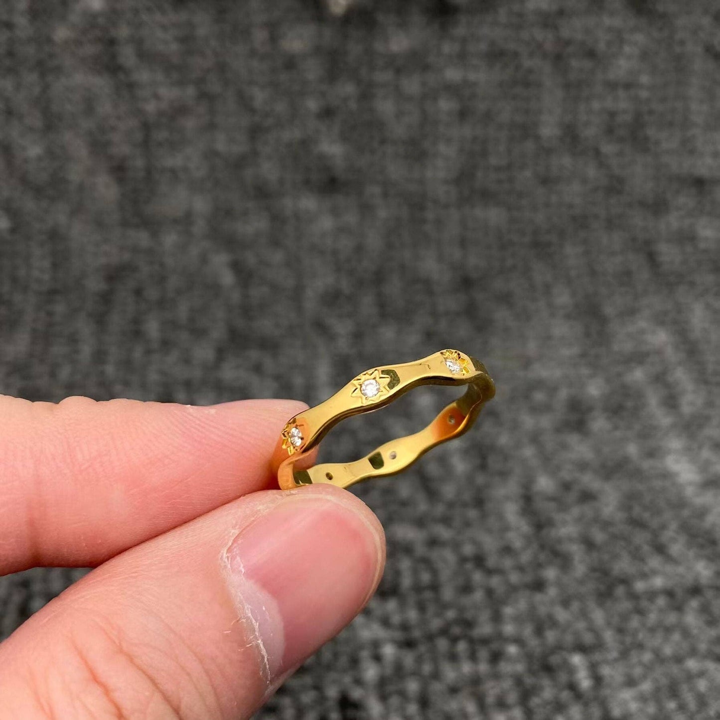 Inlaid Cz Stars Wave Design 18K Gold Plated S.Steel Ring-FGS