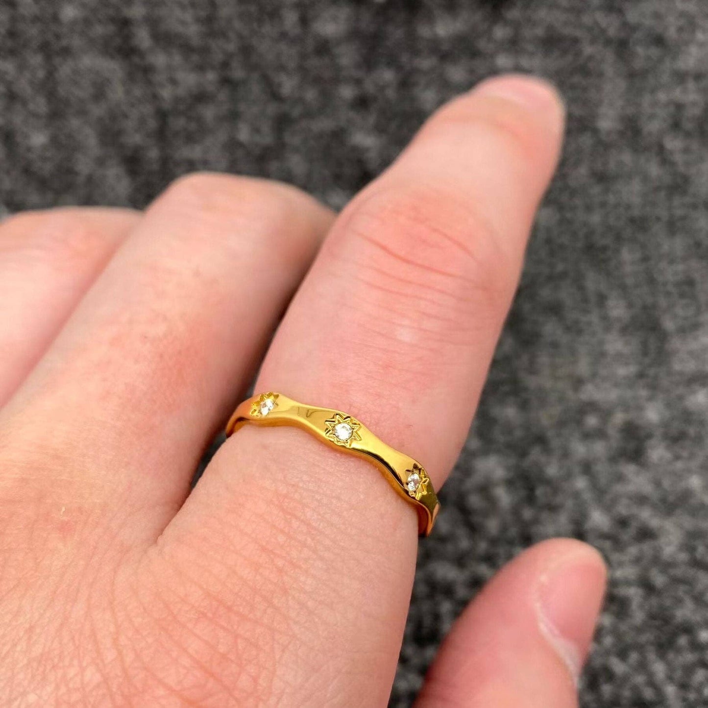 Inlaid Cz Stars Wave Design 18K Gold Plated S.Steel Ring-FGS