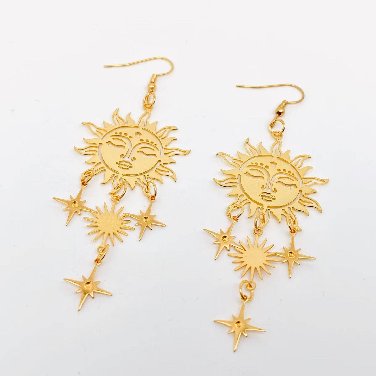 Golden Sun Face Star Pendant Earring - MS