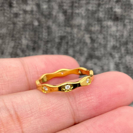 Inlaid Cz Stars Wave Design 18K Gold Plated S.Steel Ring-FGS