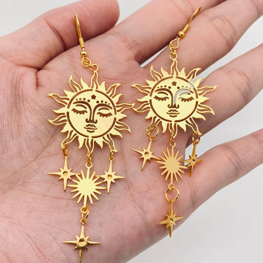 Golden Sun Face Star Pendant Earring - MS