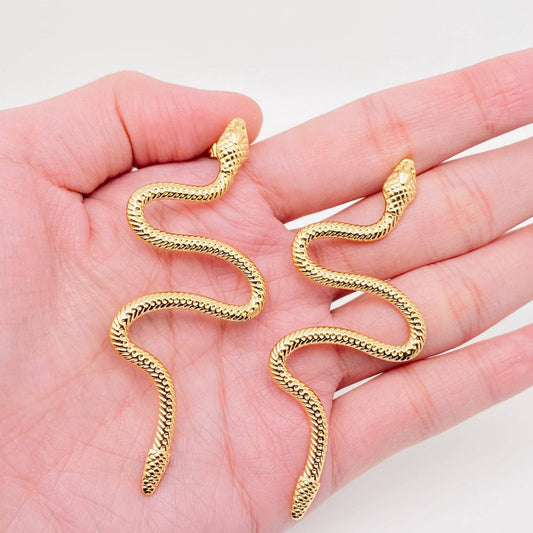 Long Snake 18K Gold Plated Stainless Steel Post Earrings-FGS